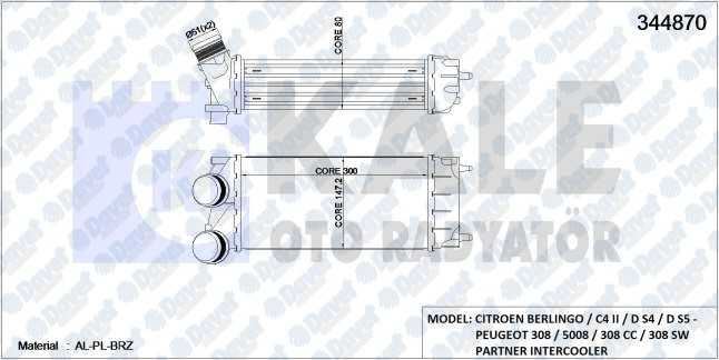 KALE 344870 Turbo Radyatoru (Intercooler) Peugeot Berlingo / C4 Ii / D S4 / D S5 - 308 / 5008 / 308 Cc / 308 Sw / Partner (Al/Pl/Brz)